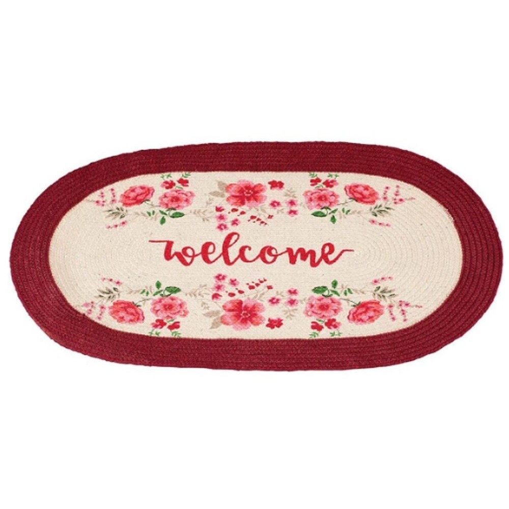Large Oval Braided Runner Floor Rug(21"x34") FLOWERS,WELCOME,burgundy borders,BT